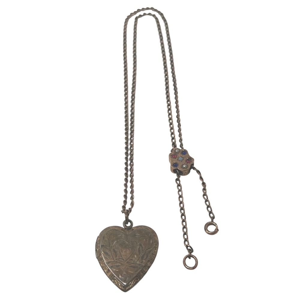Art Deco 12K GF Necklace Heart Sterling Locket Etched Floral Slider Bead Vintage